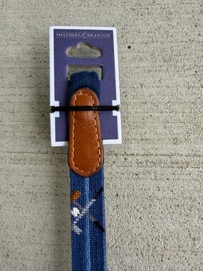 Smathers & Branson Needlepoint Belt Blue Leather Trim 19” Golf Club Pattern
